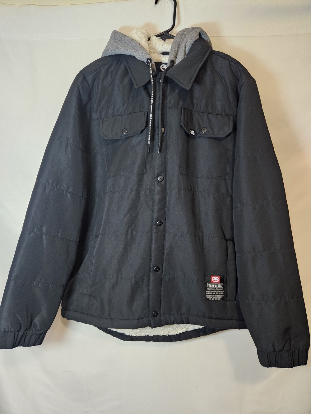Ecko Unlimited Black Puffer Jacket with Gray Hood Winter Streetwear